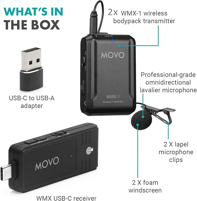 Movo WMX-1-UL-DUO Wireless Lavalier Microphone for Computer, Smartphones, and Tablets- Wireless USB & USB-C Receiver, Transmitter, and Omnidirectional Lav Mic