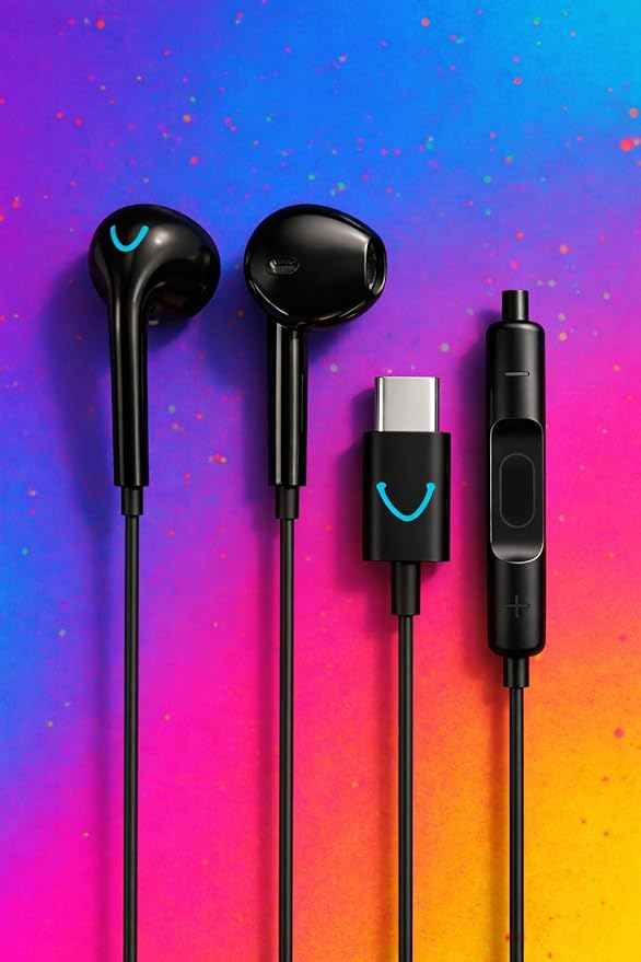 iPhone USB-C Earphones, USB-C Headphones, Earphone Wired Earbuds with Built-in Microphone, Control Music, Phone Calls, Volume. for iPhone 15/16/17 Pro Max. Black and White.