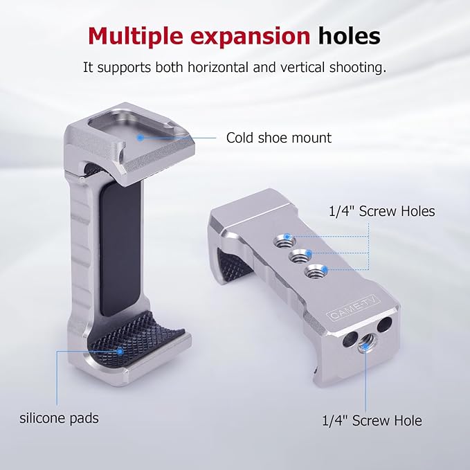 Came-TV Universal Aluminum Phone Clamp with Cold Shoe & 1/4" Threads – CNC-Machined Grip for 60-80mm Smartphones (Tripod/Mic/Light Mount) (61035)