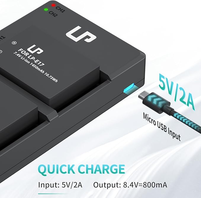 LP LP-E17 Battery Charger Pack, Compatible with Canon EOS R8, R10, R50, RP, Rebel T6i, T7i, T8i, T6s, SL2, SL3, EOS 77D, 200D, 750D, 760D, 800D, 8000D, M3, M5, M6 Mark II, KISS X8i & More DSLR Camera