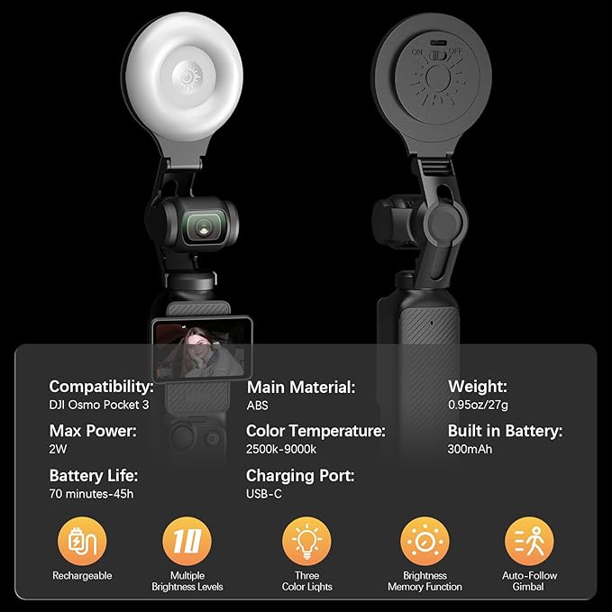 AMAZEAR LED Light for DJI OSMO Pocket 3 Accessories, Auto-Follow Gimbal Selfie Vlog Video Auxiliary Fill Lighting, CRI≥95, 3-Color Temp 2500-9000K Brightness Adjustable, 2W USB-C (Black)