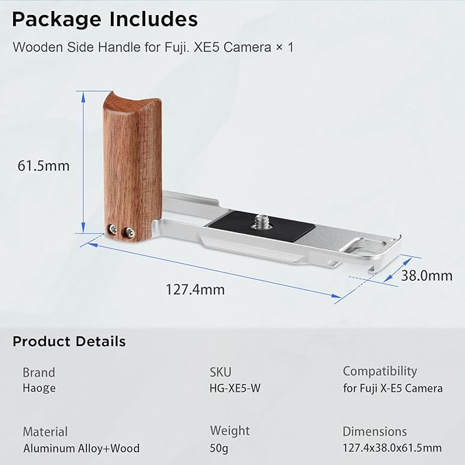 Haoge X-E5 L-Shape Grip for Fujifilm XE-5 Camera - Retro Grip Wooden Side Handle with Arca-Swiss Quick Release Plate-Silver, Extra Tripod 1/4 Hole & Hot Shoe Hole HG-XE5-W
