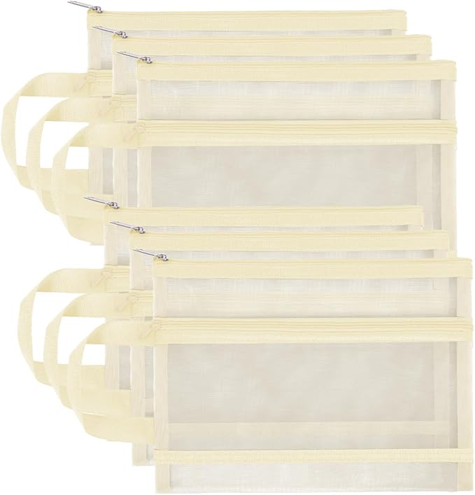 Fassave 6 Pack Mesh Zipper Pouch Bags, Double Layer Nylon Pouch with Handle for Office Travel Organization (Beige, A4)