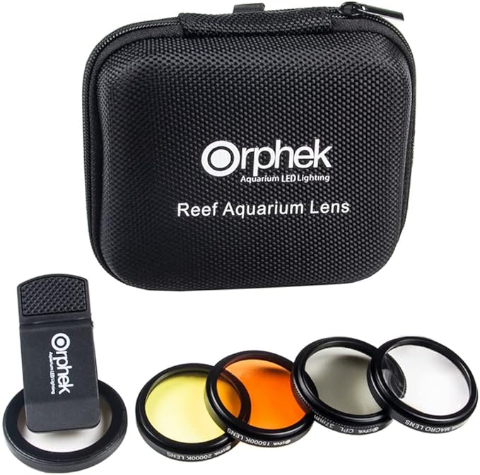 Orphek Coral Lens – Kit for All Smartphones – 4 Lens Included: Macro, CPL 37mm Polarized, 15,000k Orange, 20,000k Yellow – Universal Phone Clip – Lens Made of Glass – for Better Photography