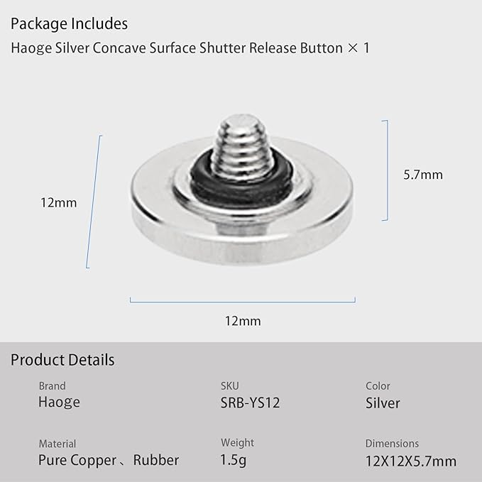 Haoge 12mm Metal Shutter Release Button for Fujifilm XT5 X-Pro3 XT50 GFX100RF XE5 Nikon Zf DF and Leica Q3 43 M10 M-11 Concave Surface Silver,New Version: Diameter 12mm