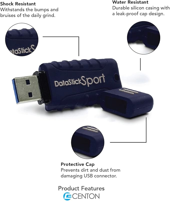 Centon Electronics MP Essential USB 3.2 Gen1 DataStick Sport Flash Drive, 64 GB, 10 USB Flash Drives, 10 Bulk Pack, Navy Blue