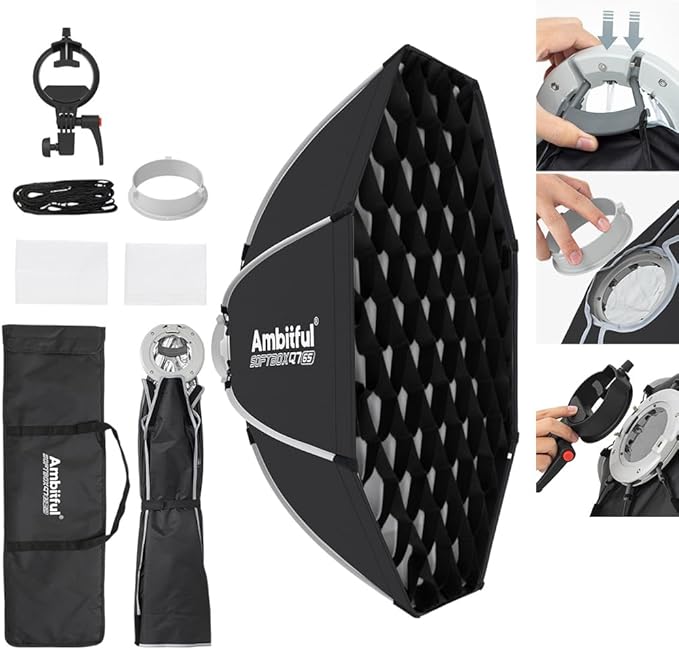 AMBITFUL 25.6" / 65cm Octagonal Softbox, Quick Release with Bowens Mount & Speedlite Bracket for COB Lights, Flash for CB60/CB100, SL60/SL100, MS300/SK400, V1/V1PRO/V100, AD200PRO/II (25.6")