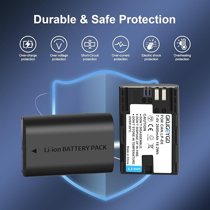 2-Pack LP-E6 LP-E6N Battery and Dual Slot Charger for Canon EOS R7, R6, R5, R, 6D Mark II, 5D Mark IV, 5D Mark III, 5DS, 5DS R, 5D Mark II, 80D, 90D, 6D, 7D, 7D Mark II, C700, XC10, XC15 Camera
