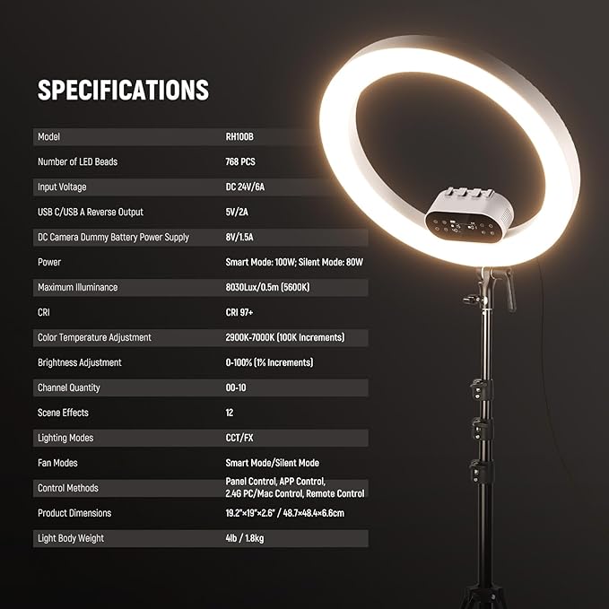 NEEWER 19" 100W High Power LED Ring Light with Tripod Stand & 3 Phone Holders Compatible with iPhone, 2900-7000K CRI97+ App&2.4G Control Lighting for Selfie Video Recording Makeup Streaming, RH100B