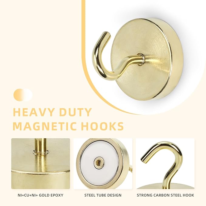 Neosmuk Magnetic Hooks, Cruise Ship Essentials, 100lb+ Heavy Duty Magnetic Hooks for Cruise Cabins, Refrigerator, Grill, Hanging, and Travel | Extra Strong Must-Haves Magnet Hook,Gold, 5 Pack