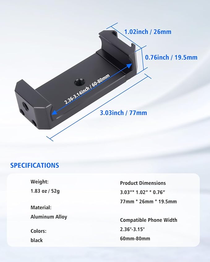 Universal Cold Shoe Phone Clamp Mount with Triple 1/4" Screws - 60-80mm Silicone Grip for iPhone Samsung Vlog Live Streaming Camera Accessories 84001