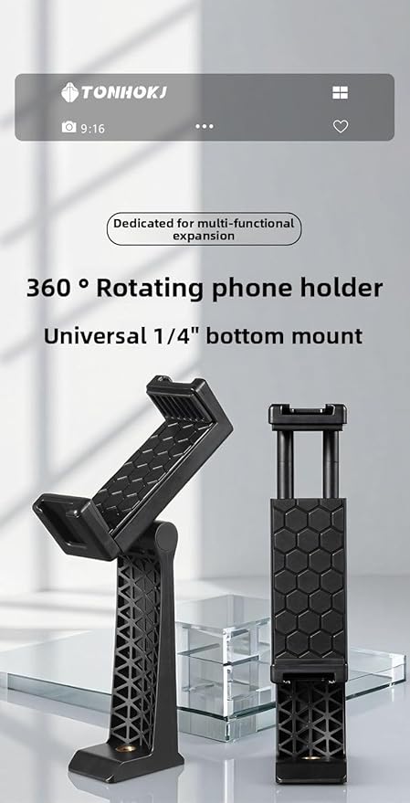 Tripod Phone Mount, Universal Smartphone Mount Adapter with 2 Cold Shoe and 1/4" Screw, 360° Rotates and 180° Tilts Adjustable Cell Phone Clamp Holder for Enhancing Mobile Photography Setup