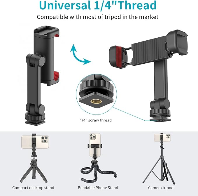 Phone Tripod Mount Holder for iPhone - 2 Cold Shoe and 1/4" Screw, 360° Rotates and 180° Tilts Compatible for iPhone Android Sony Canon DJI Ronin S/SC Zhiyun Gimbals