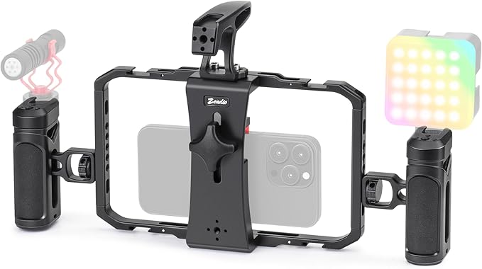 Zeadio Quick Release Cell Phone Cage, Aluminum Versatile Rig Cage with Dual Handle Modes – Universal Phone Stand for Recording/YouTube/Live Streams/Tabletop Filming/Content etcCreation/Travel etc