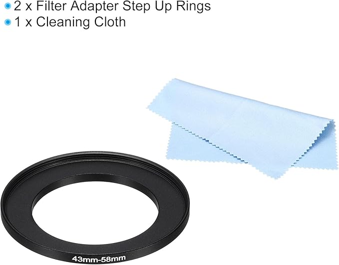 PATIKIL 43mm-58mm Metal Step Up Ring with Cleaning Cloth, 2 Pack Camera Lens Filter Adapter Ring Aluminum Filter Adapter Ring for Camera Lenses Hood, Black