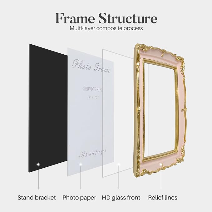 Cuspin 8x10 Picture Frame Pink Vintage Frame, Ornate Pink and Gold Picture Frame with Glass Front Handcrafted Resin Frames, Antique Textured Design for Wall Hanging & Tabletop Display