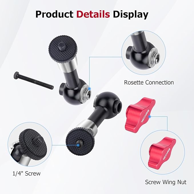 7" Cold Shoe Magic Arm with 360° Ball Joint & 1/4" Screw, Adjustable Stainless Steel Friction Arm for Camera Cage LED Light Microphone Monitor – DSLR Vlog Photography-87001