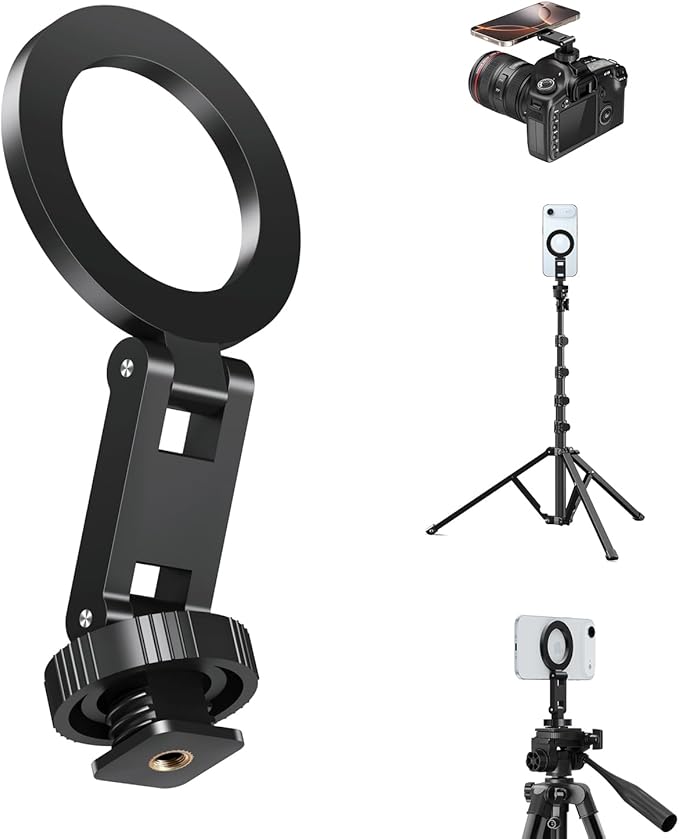 elitehood Magsafe Tripod Mount Adapter with 1/4” Screw & Hot Shoe, Lightweight Compact Cell Phone Tripod Mount for Camera, iPhone Camera Holder with Dual Hinges for iPhone 17 16 15 14 13 Series