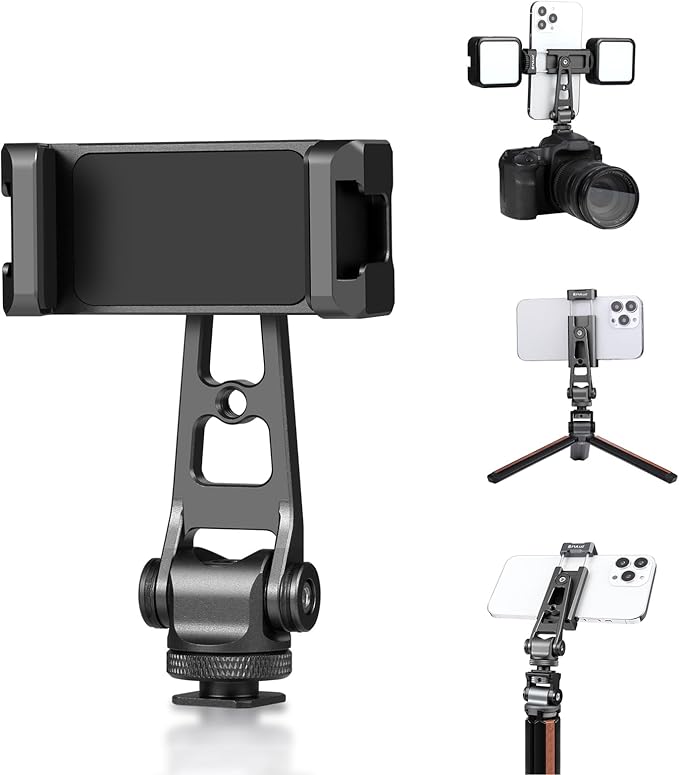 PULUZ Tripod Phone Mount, Universal Smartphone Mount Adapter Rotatable Bracket with 1/4 inch Screw, 360° Rotates and 180° Tilts Adjustable Cell Phone Clamp Holder for Mobile Photography