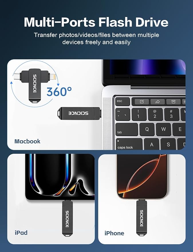 SCICNCE 256GB Flash Drive Intended for iPhone, USB Memory Stick Storage Backup for Photos Videos, Plug and Play No APP Required, Compatible with iPhone iPad Android and Computers (Metal Gray)