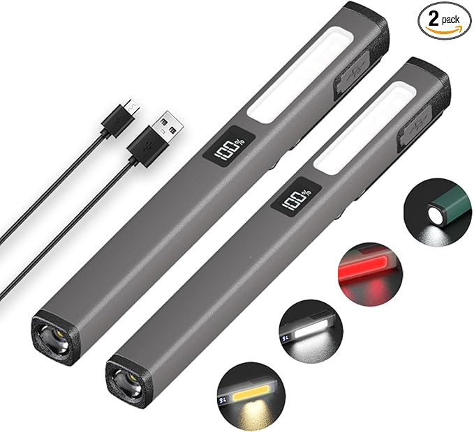 Rechargeable Pen Light Small Flashlight with COB Work Light, Portable LED Pocket Flashlight Bright Flashlights for Home, Car, Emergencies, with Type-C Charge, 6 Modes, LCD Display (Grey 2Pack)