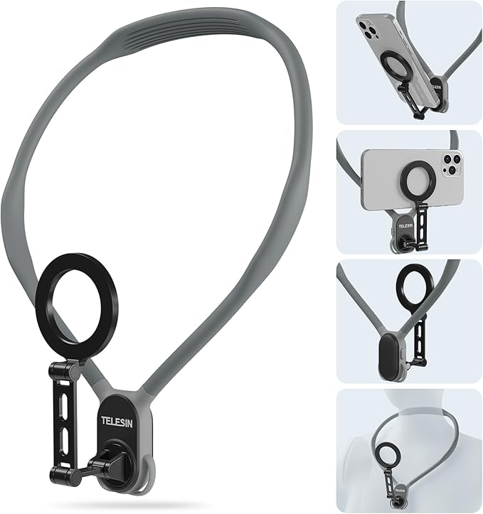 TELESIN° Max Magnetic Neck Mount for Phones, POV/Vlog Neck Phone Holder w Fixing Chest Strap Selfie Mount Hand Free Phone Neck Holder Stand Video Recording for iPhone Android Phones (Gray)