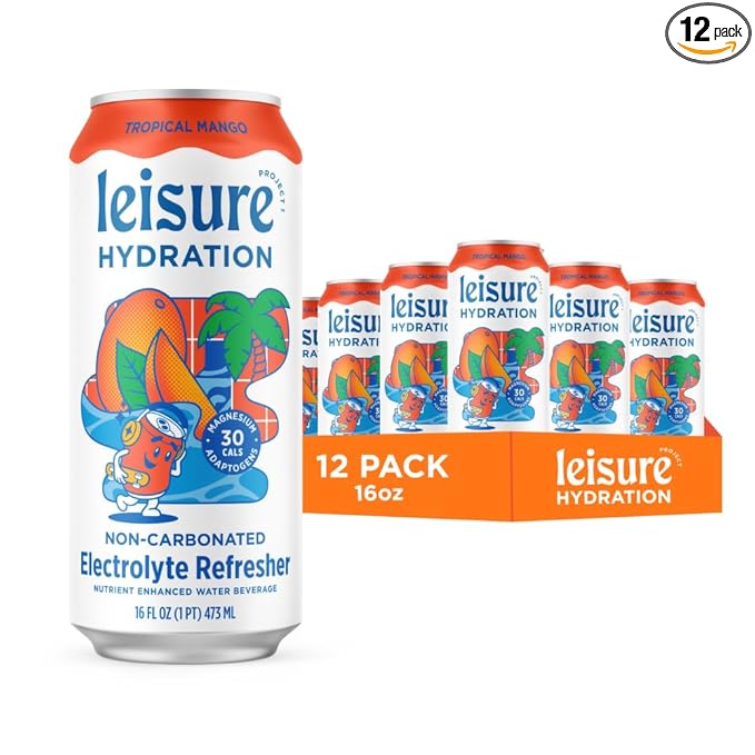 Leisure Hydration Non-Carbonated Electrolyte Refresher, Tropical Mango Flavor - Low Sugar Nutrient Enhanced Water Beverage - Get The Best Hydration Packed w/ Magnesium & Ashwagandha For Mood & Stress Support, Non-GMO, 16 oz (12-Cans)