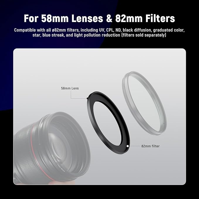 NEEWER 58-82mm Step Up Ring Adapter (2 Pack) with Cleaning Cloth, Ultra Slim Aluminum Alloy Lens Filter Adapter Ring for 58mm Camera Lens to Use 82mm Filter
