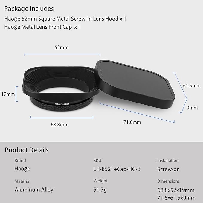 Haoge LH-E52T 52mm Square Metal Screw-in Lens Hood with Cap for 52mm Canon Nikon Sony Leica Voigtlander Nikkor Panasonic Pentax Contax Olympus Lens and Other Lens with 52mm Filter Thread