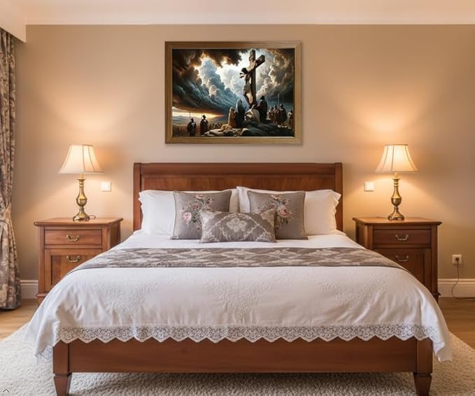 Jesus Crucifixion Wall Art 8x10 Inch Framed Christian Canvas Print, Religious Cross Picture Decor for Prayer Room Church Living Room Bedroom, Ready to Hang or Stand with Easel Back
