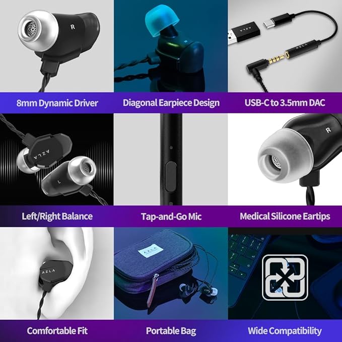 AZLA AIM8 Wired Earphone with Microphone, Gaming Earbuds with FPS Audio Profiles, Clear Mic for PC, PS5, Xbox, and More – Plug & Play Compatibility, IEM for Gaming