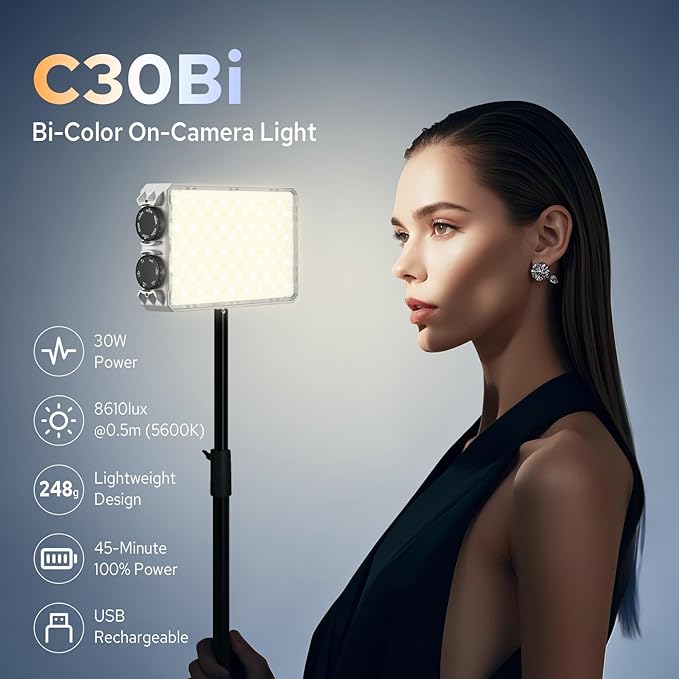 Godox C30Bi Bi-Color On Camera Video Light 30W, 2800K~6500K, Portable Camera Light for Photography & Video, Ultra Brightness, TLCI96+, Pocket LED Video Light Panel, LED DSLR Lighting for YouTube