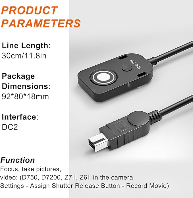 for NK Remote Cable RC301-DC2 Small Shutter Release Remote controlDF,Z5.Z6.Z6II,Z7,Z7II,D7100,D7200,D750,D600,D610,D90 D5600,D5300,D3300 Short Button (RC301-DC2 NK 11.8in/30cm)