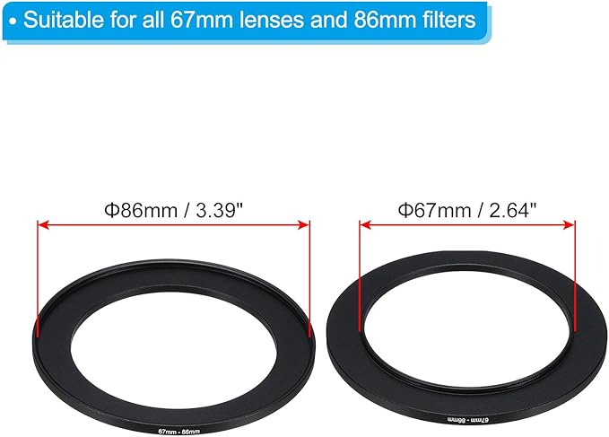 PATIKIL 67mm-86mm Metal Step Up Ring with Cleaning Cloth, 2 Pack Camera Lens Filter Adapter Ring Aluminum Filter Adapter Ring for Camera Lenses Hood, Black