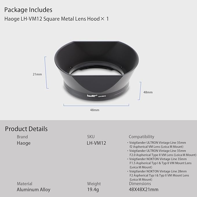 Haoge LH-VM12 Bayonet Square Metal Lens Hood for Voigtlander 35mm/f2 1:2/35 & 35mm f1.5 28MM/F2 Type I II Ultron Aspherical Vintage Line VM Lens Replace LH-12