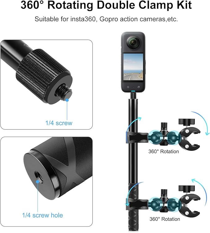 PULUZ Double Clamp Motorcycle Mount Kit for Insta360 X4 X3 X2 GO 3 One RS Camera, Bike Handlebar Mount Bundle with 59" Invisible Selfie Stick Telescopic for Moto Bicycle Riding Records