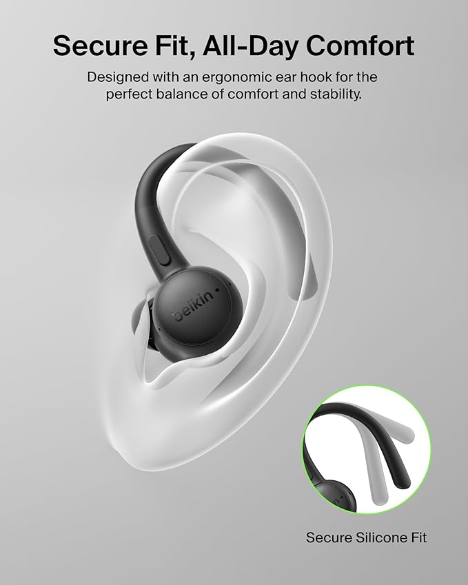 Belkin SoundForm ActiveFit Wireless Earbuds w/Built-in Microphone, USB C Fast Charging, 36H Battery Life, IP54 Water Resistance - Bluetooth Earbuds for iPhone, iPad, Galaxy, Pixel, & More - Black