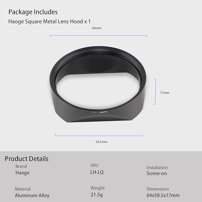 Haoge Metal Square Lens Hood for Leica Q3 Q3-43 Camera Accessories Black LH-LQ343B