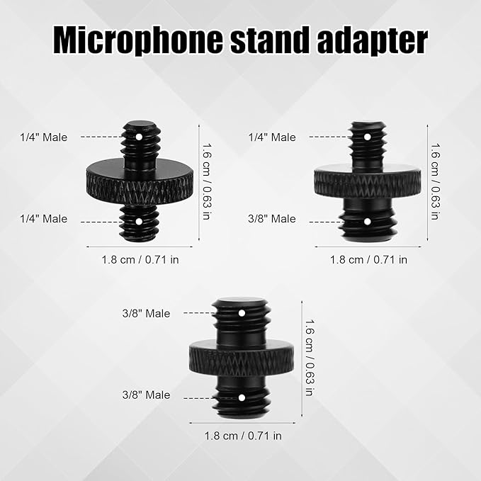 3pcs Mic Stand Adapter, Sturdy Aluminum Alloy Mic Screw Adapter 3/8 Male to 3/8 Male，1/4 Male to 1/4 Male and 3/8 Male to 1/4 Male Tripod Camera Mic Mount Adapter for Microphone Stand Tripod