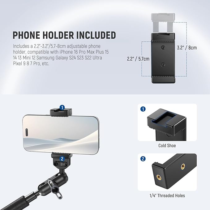 NEEWER Magic Arm Camera Mount, Overhead Desk Phone Mic Stand Holder, 22" Articulating Boom Arm C Clamp 1/4" 3/8" Threads for ARRI for Microphone Webcam Action Camera Video Light, Cleaning Cloth, UA057