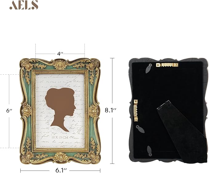 AELS 4x6 Inch Vintage Picture Frame, Elegant Antique Photo Frames with Glass Front, Photo Display, Tabletop Wall Hanging, Gift Ideas, Gold and Green