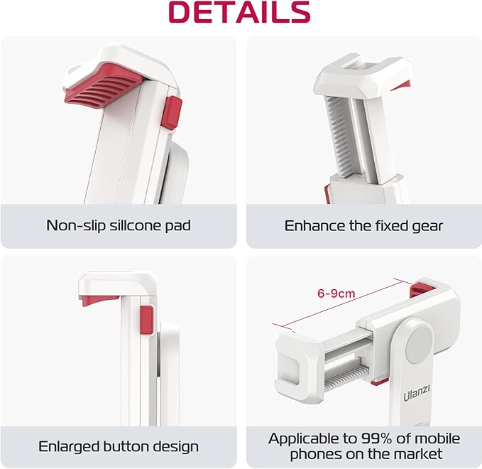 ULANZI Phone Tripod Mount ST-06S White, Universal Smartphone Mount Adapter with 2 Cold Shoe, 360° Rotates and Adjustable Cell Phone Clip Clamp Holder, Compatible with iPhone, Samsung Galaxy and More