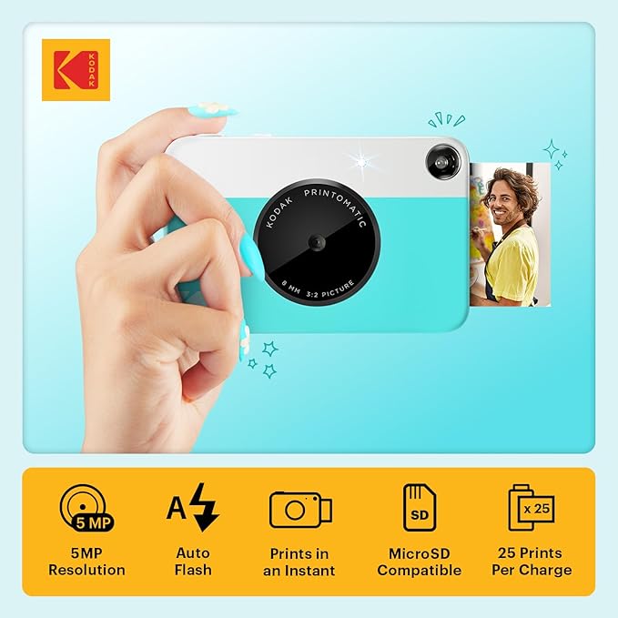 KODAK Printomatic Full-Color Instant Print Digital Camera Colorful Photos On Zink 2x3" Sticky-Back Photo Paper 5MP Gift Bundle: Case + Zink 2x3" 20pk + Album + Stickers + Frames + Markers - Blue