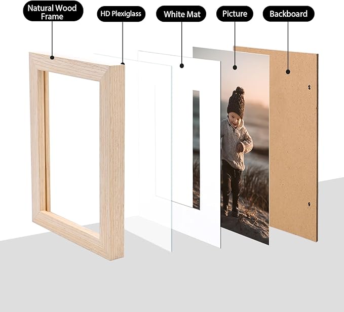 KINLINK 4x6 Frame Natural, Solid Wood 4 x 6 Picture Frame with Acrylic Plexiglass for 3.5x5 with Mat, Tabletop and Wall Display Photo Frames 4x6 Natural, 4 Pack