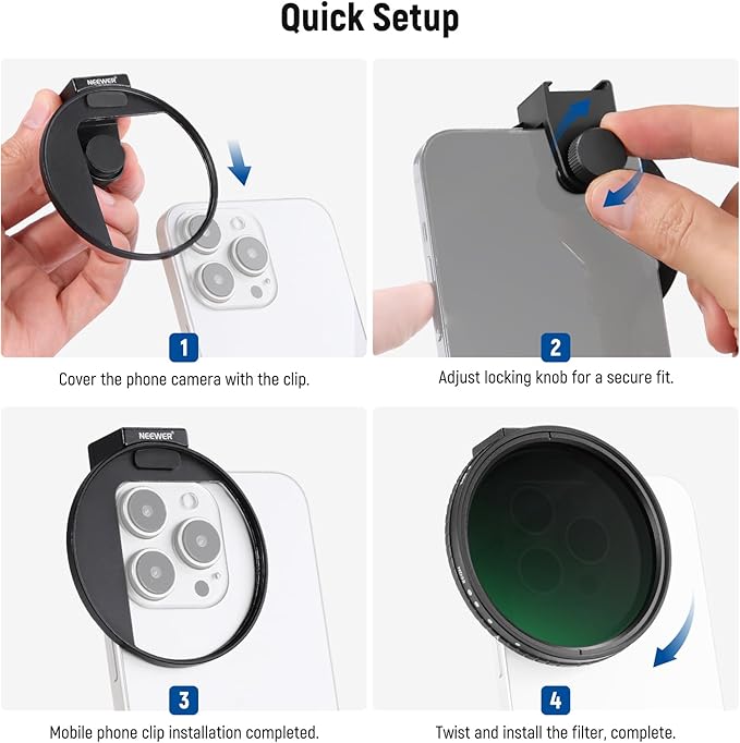 NEEWER Clip On Phone Filter Kit, 67mm Multicoated Variable ND Filter ND2-32 with Cold Shoe Cell Phone Clamp, Carrying Case & Cleaning Cloth Accessories Compatible with iPhone Samsung Android, FL-82