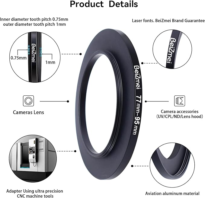 77mm to 95mm Camera Filters Ring,Filters Ring Compatiable All Brands Ø77mm Lens to Ø95mm UV ND CPL Camera Accessory.Made of CNC