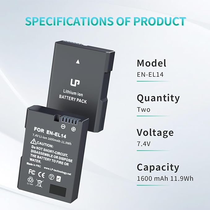 LP EN-EL14 Battery Pack, 2-Pack EN EL14a 1600mAh Battery, Compatible with Nikon D3100 D3200 D3300 D3400 D3500 D5100 D5200 D5300 D5500 D5600 DF, Coolpix P7000 P7100 P7700 P7800 Cameras and More