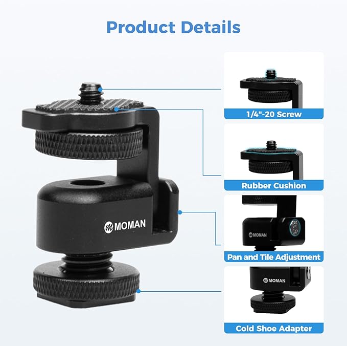 Moman Ball Head Cold Shoe Mount 1/4" Mini Adapter BH02 with 1/4"-20 Thread for Camera Microphone LED Video Light Monitor, 1-Pack
