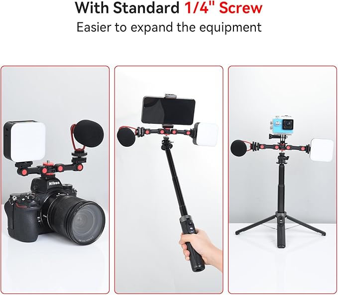 UTEBIT Dual Cold Shoe Mount, Extension Bar Universal Cold Shoe Adapter with Phone Holder Mount, 1/4" Thread Holes Cold Shoe Mount for Microphone,Led Video Light, Audio Recorder Monitors