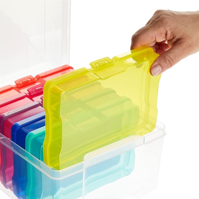 Paper Junkie Photo Storage Box - 4 x 6 in Clear Plastic & 6 Multicolor Inner Cases - Snap-Close Photo Storage Containers & Sticker Box